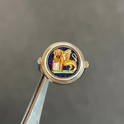 Antique Venetian Micro Mosaic + Black Onyx + 10ct Yellow Gold Flipper Signet Ring - Sz. 9